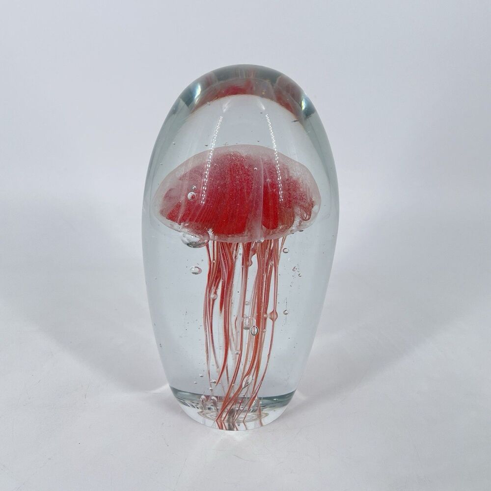 Dynasty Gallery Red Jellyfish Art Glass Paperweight UV Reactive 6.25”